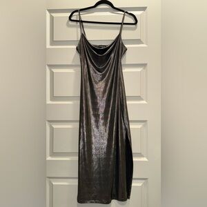 bebe Shimmering Silver Asymmetrical Dress